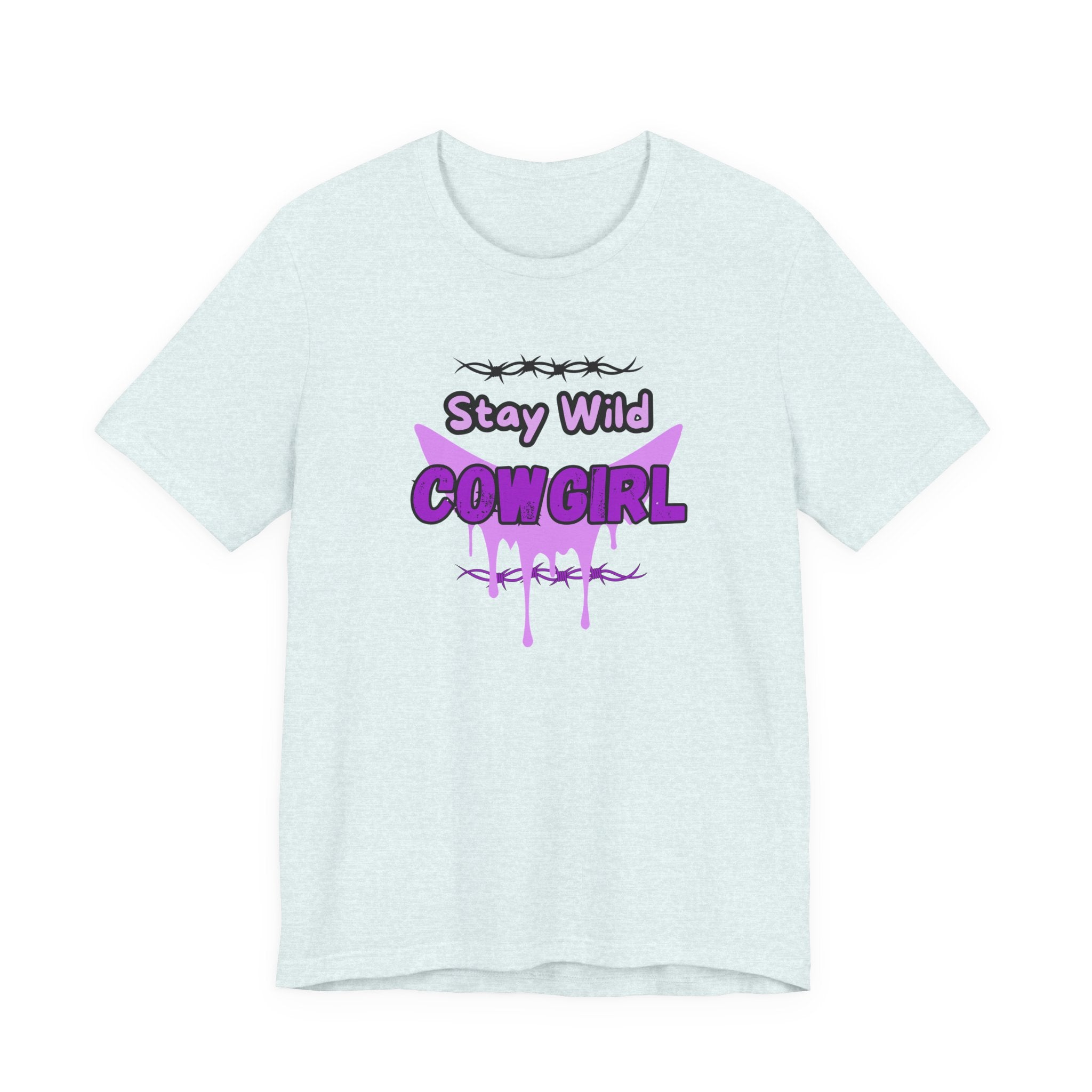 Cowgirl Western Tee with purple "Stay Wild COWGIRL" graphic on a light-colored fabric, perfect for a rebellious look.