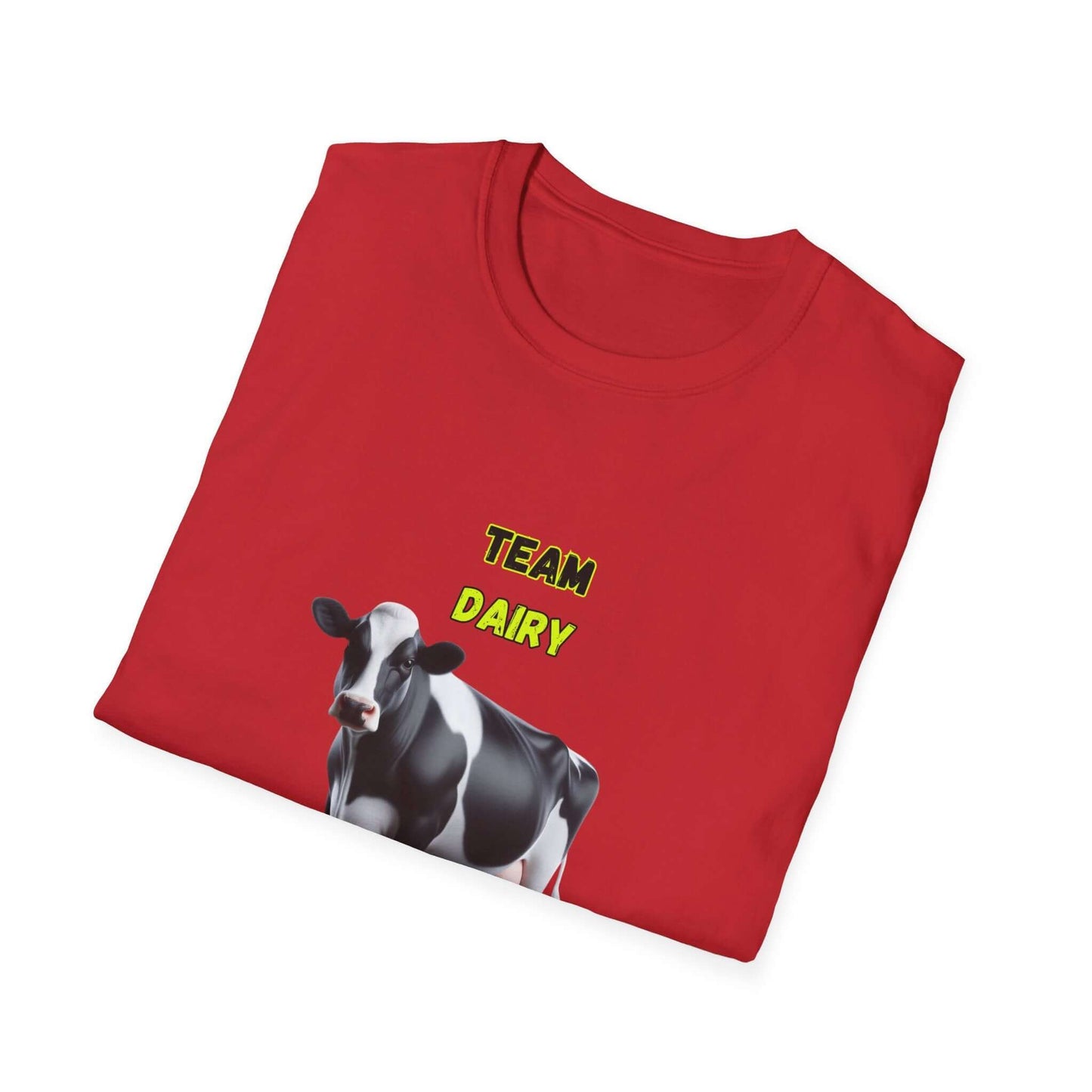 Team Dairy T-Shirt featuring a black and white cow on a red tee shirt, perfect for dairy cattle farmers.