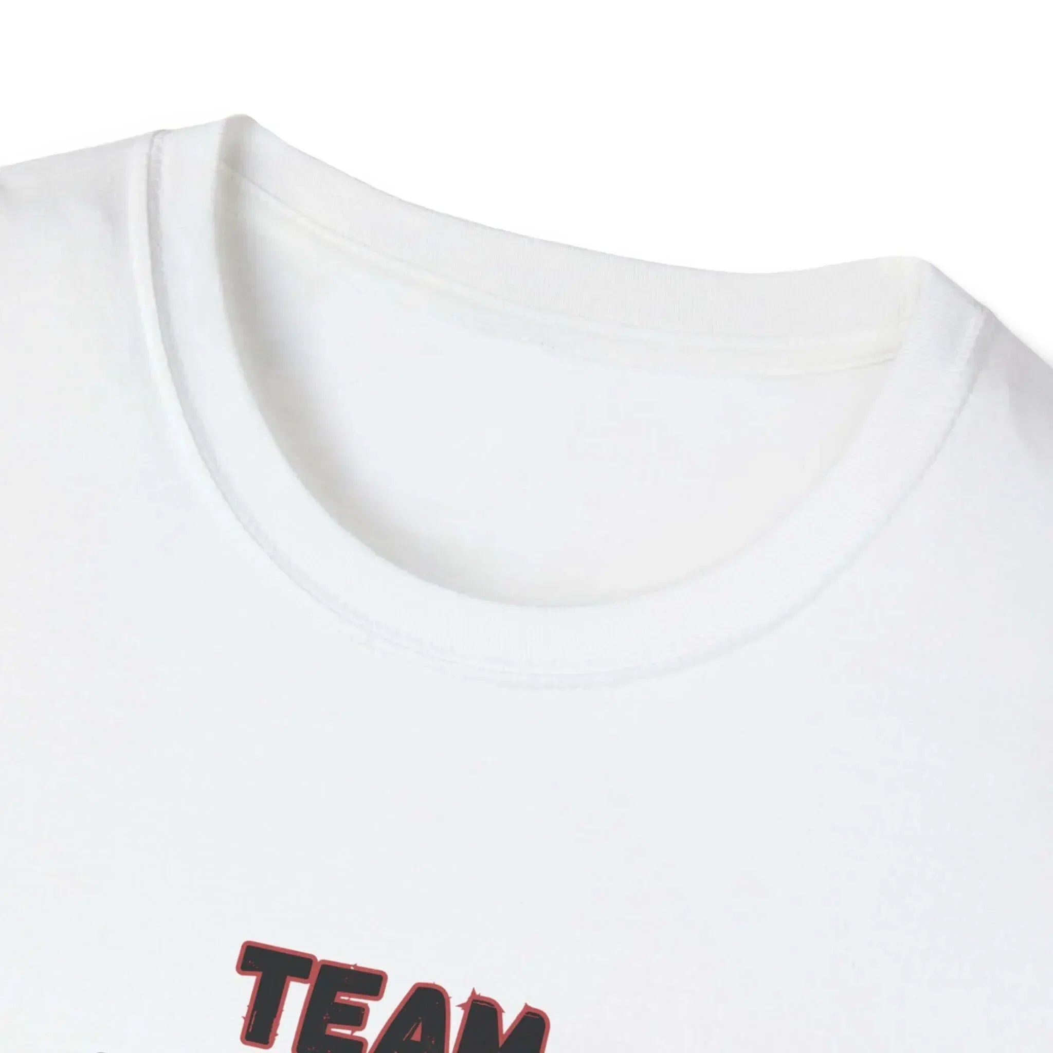 Close-up of the crew neck area of a Red Angus T-Shirt featuring bold 'TEAM RED ANGUS' lettering.