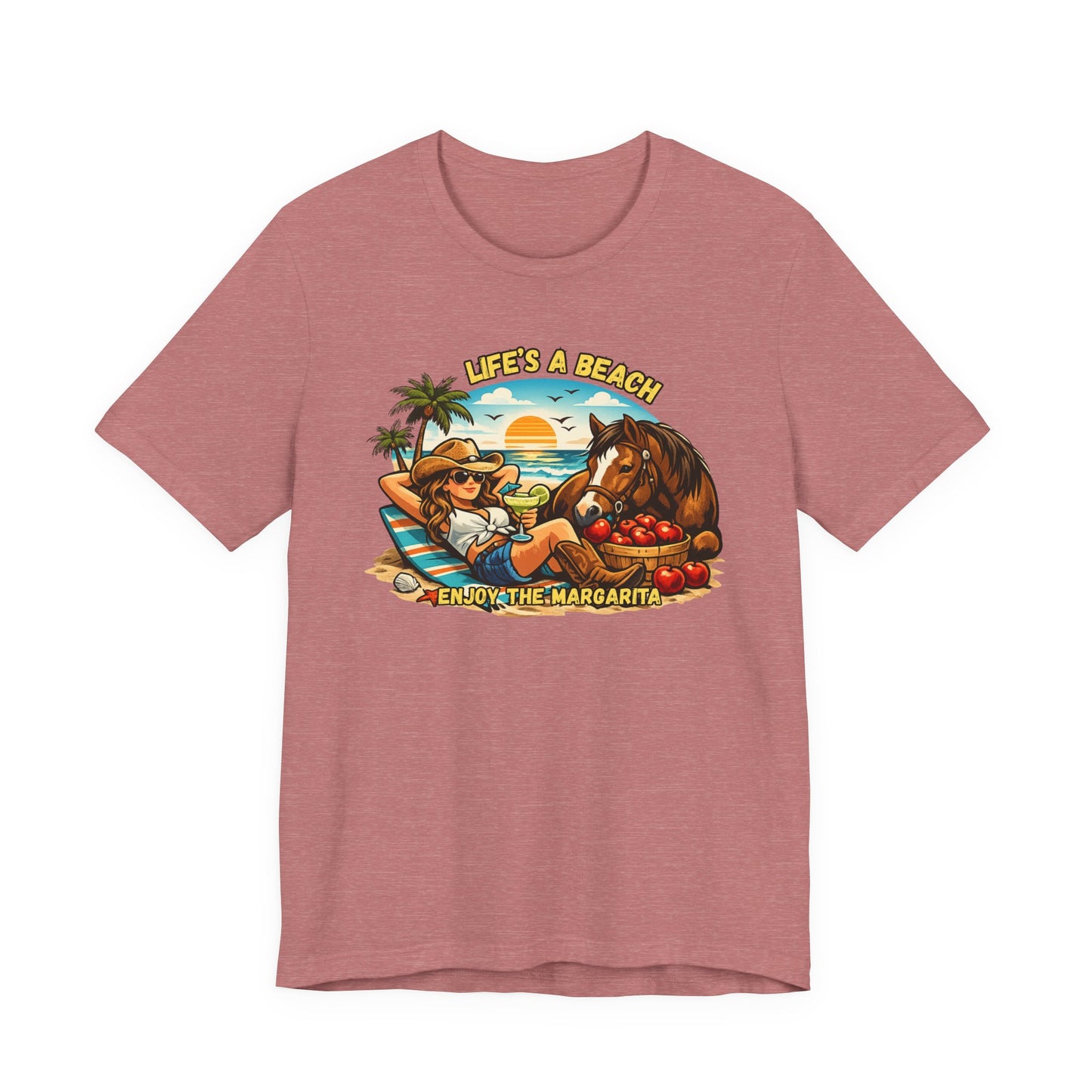 Life's A Beach Western Tee featuring a cowgirl and horse enjoying a beach scene with sunset and margaritas.