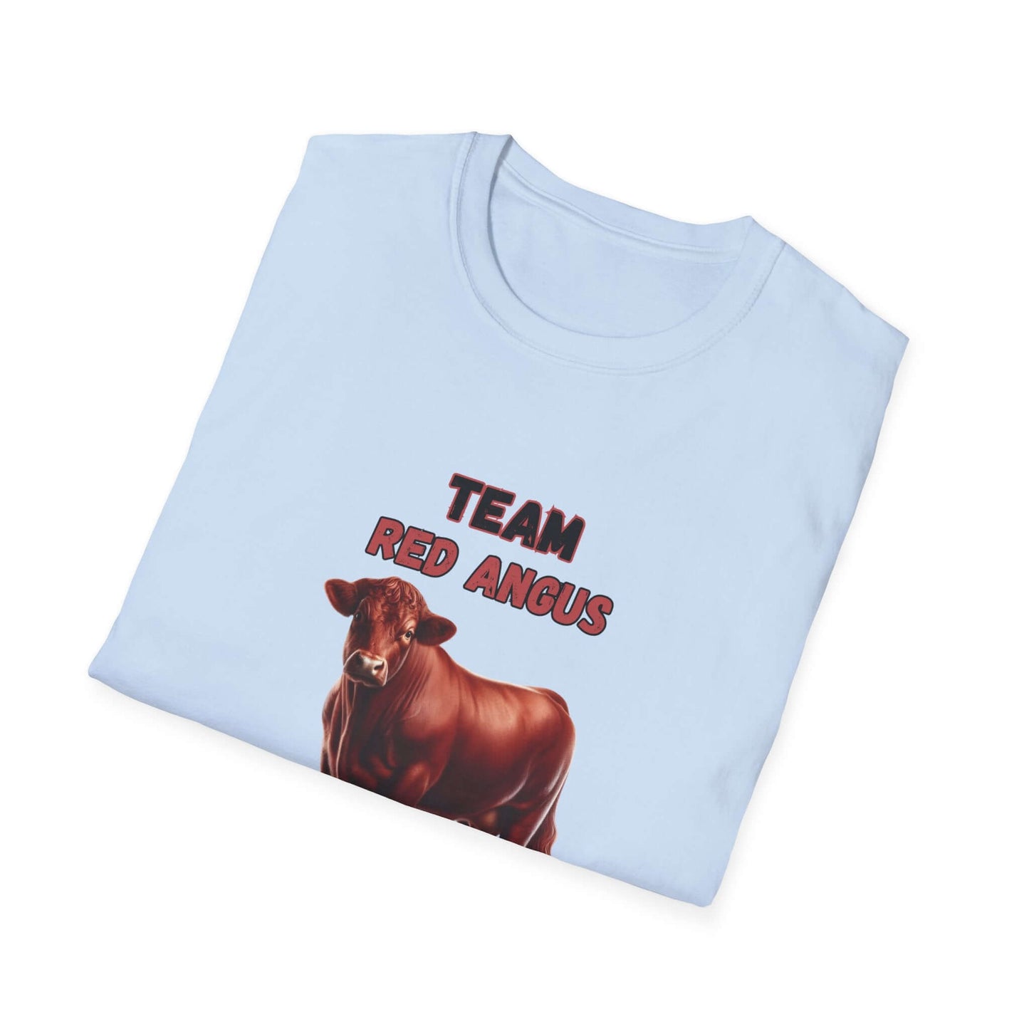 Red Angus T-Shirt featuring a Red Angus cow and the text 'TEAM RED ANGUS' on a light blue background.