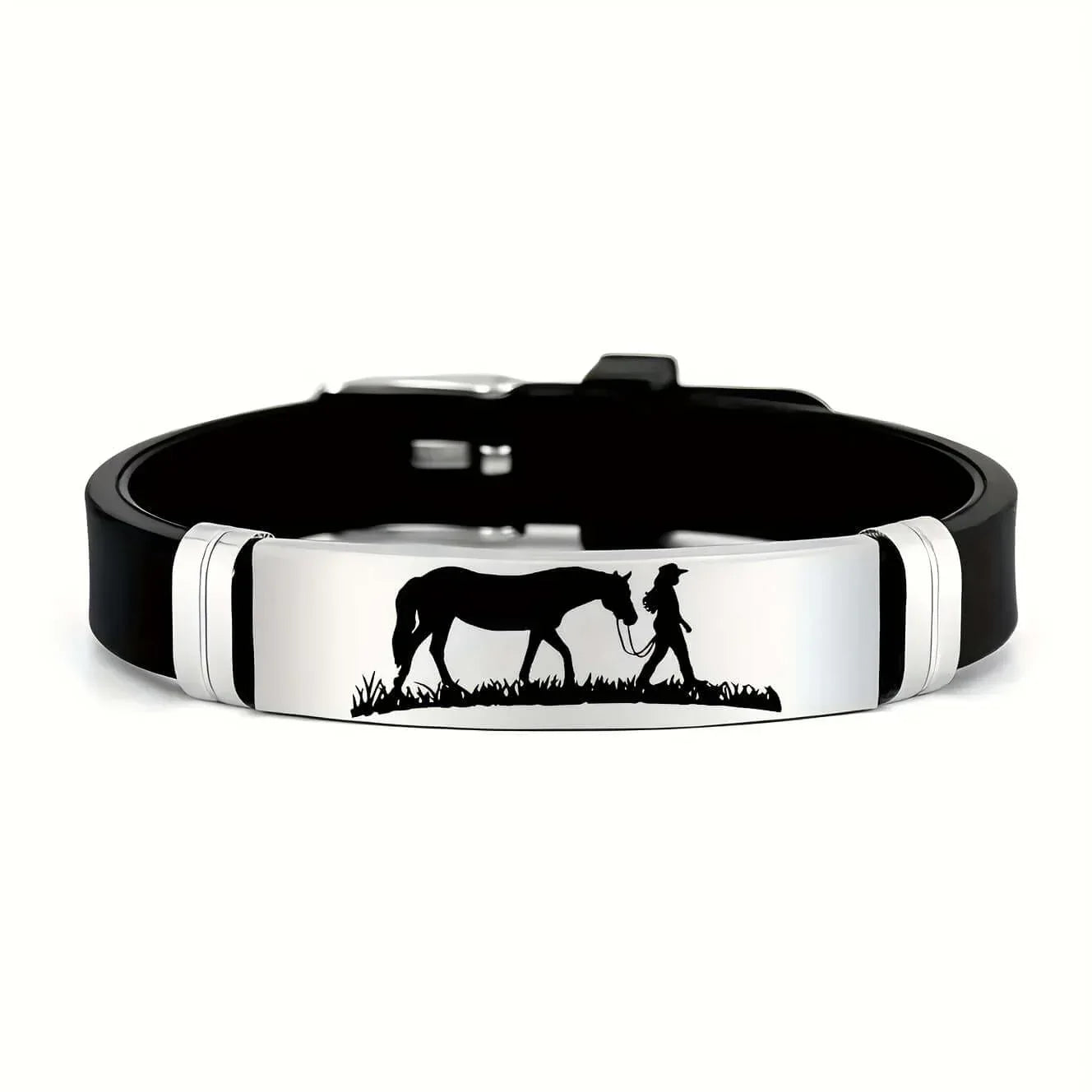 Cowgirl Bracelet featuring a silhouette of a cowgirl walking with her horse, stainless steel and silicone wristband.
