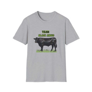 Black Angus Lover T-Shirt featuring a black cow design with 'TEAM BLACK ANGUS' text.