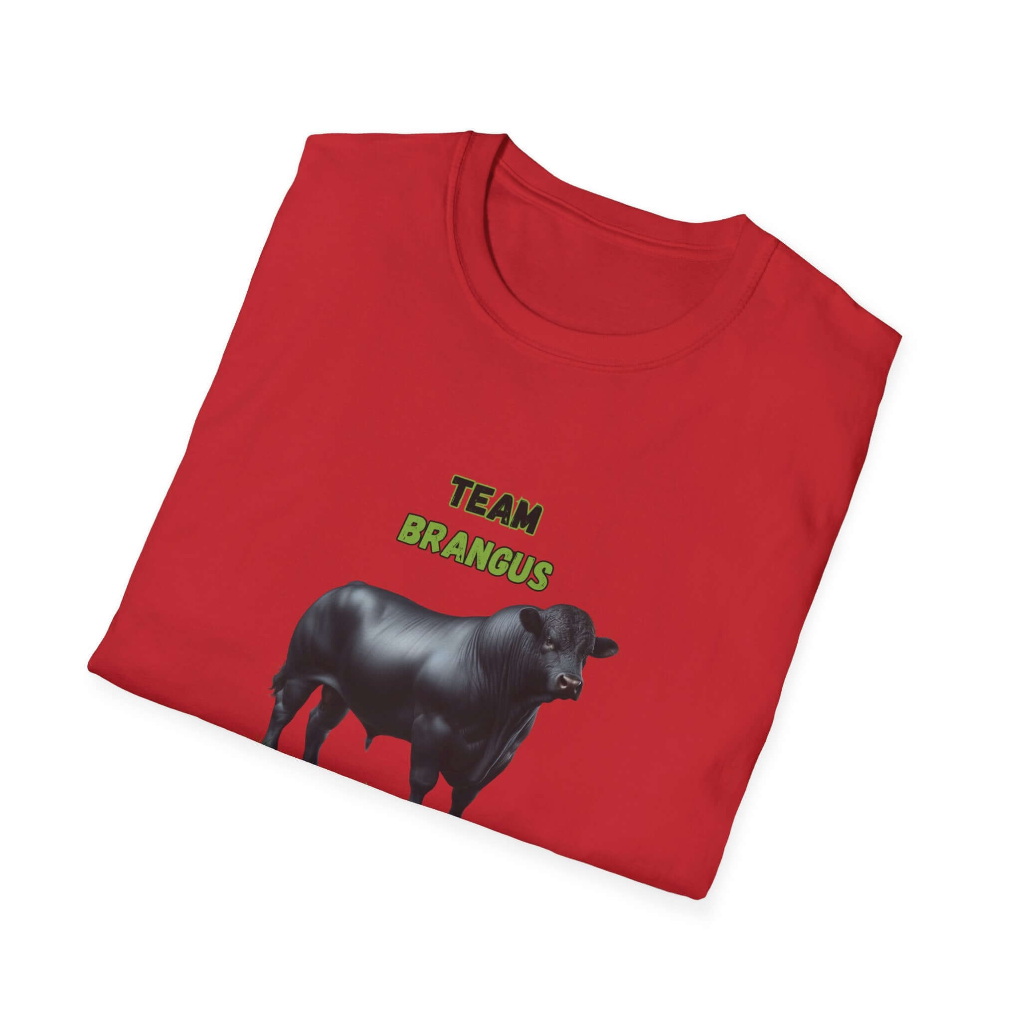 Brangus Cattle Farmer Tee featuring a black Brangus bull and Team Brangus text on a red shirt.