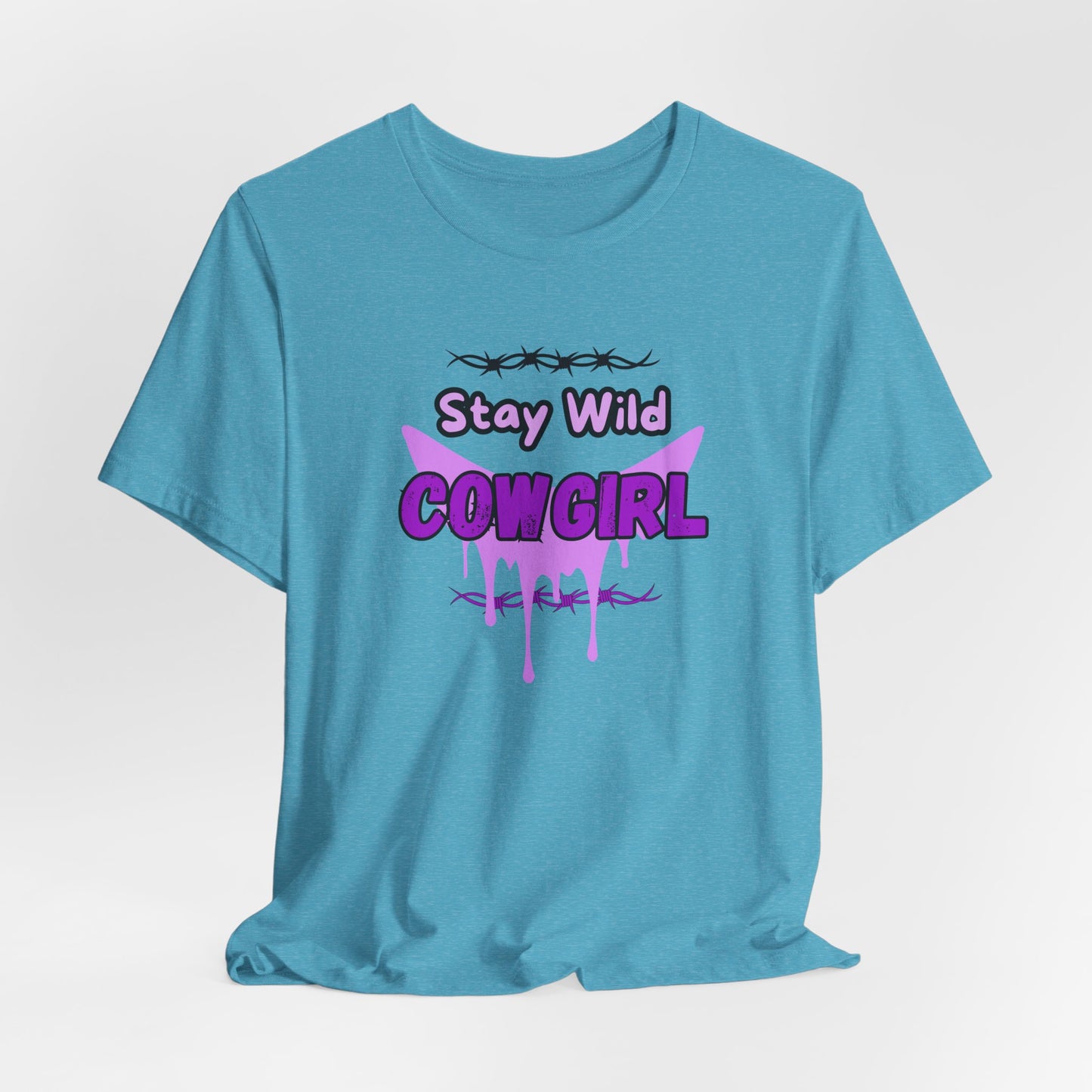 Cowgirl Western Tee featuring a bold 'Stay Wild COWGIRL' graphic on a turquoise t-shirt.