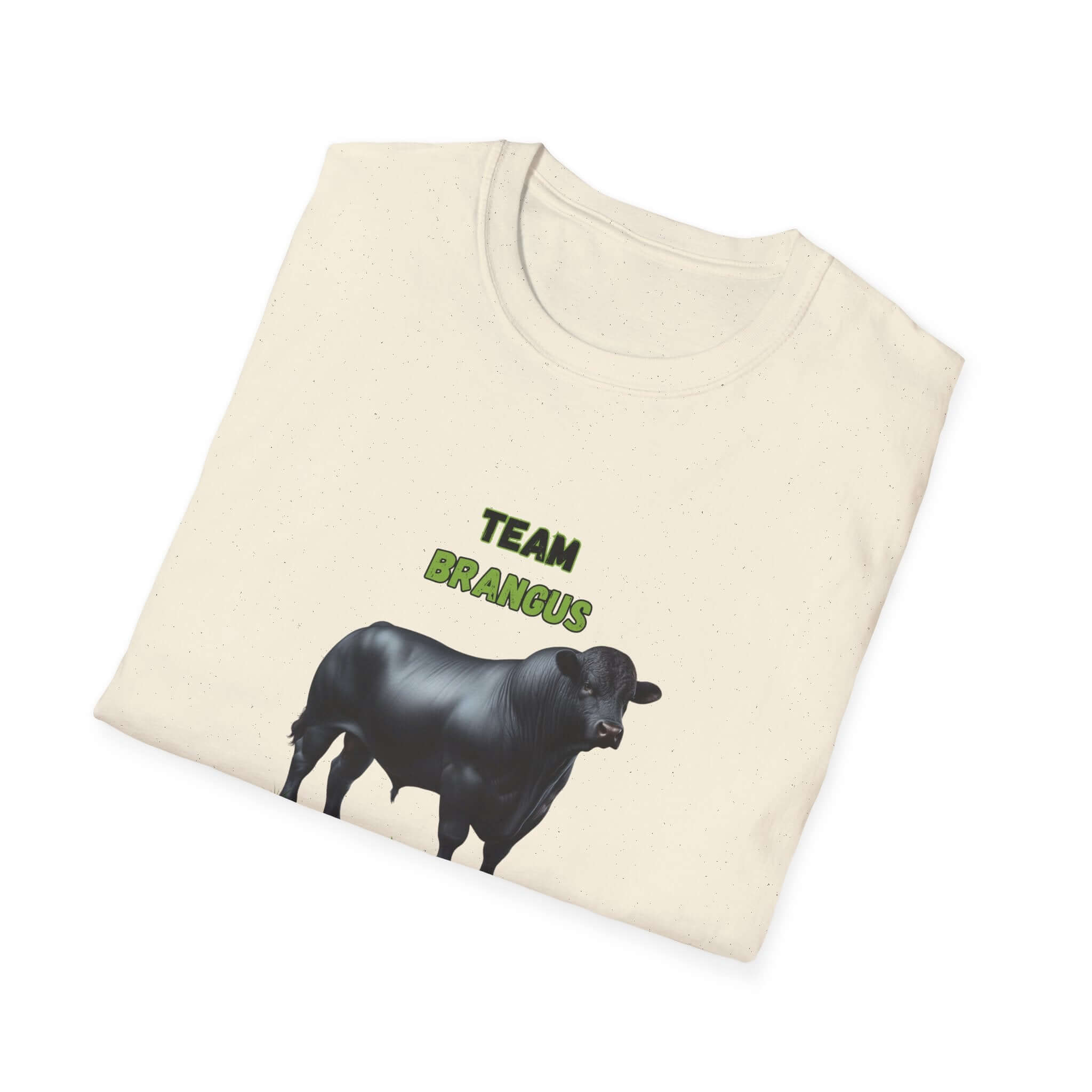 Brangus Cattle Farmer Tee featuring a black Brangus calf and Team Brangus text on a light-colored shirt.