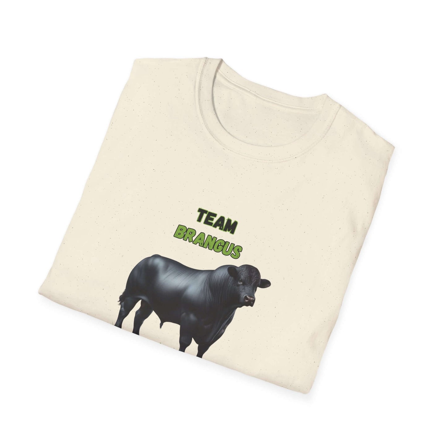 Brangus Cattle Farmer Tee featuring a black Brangus calf and Team Brangus text on a light-colored shirt.