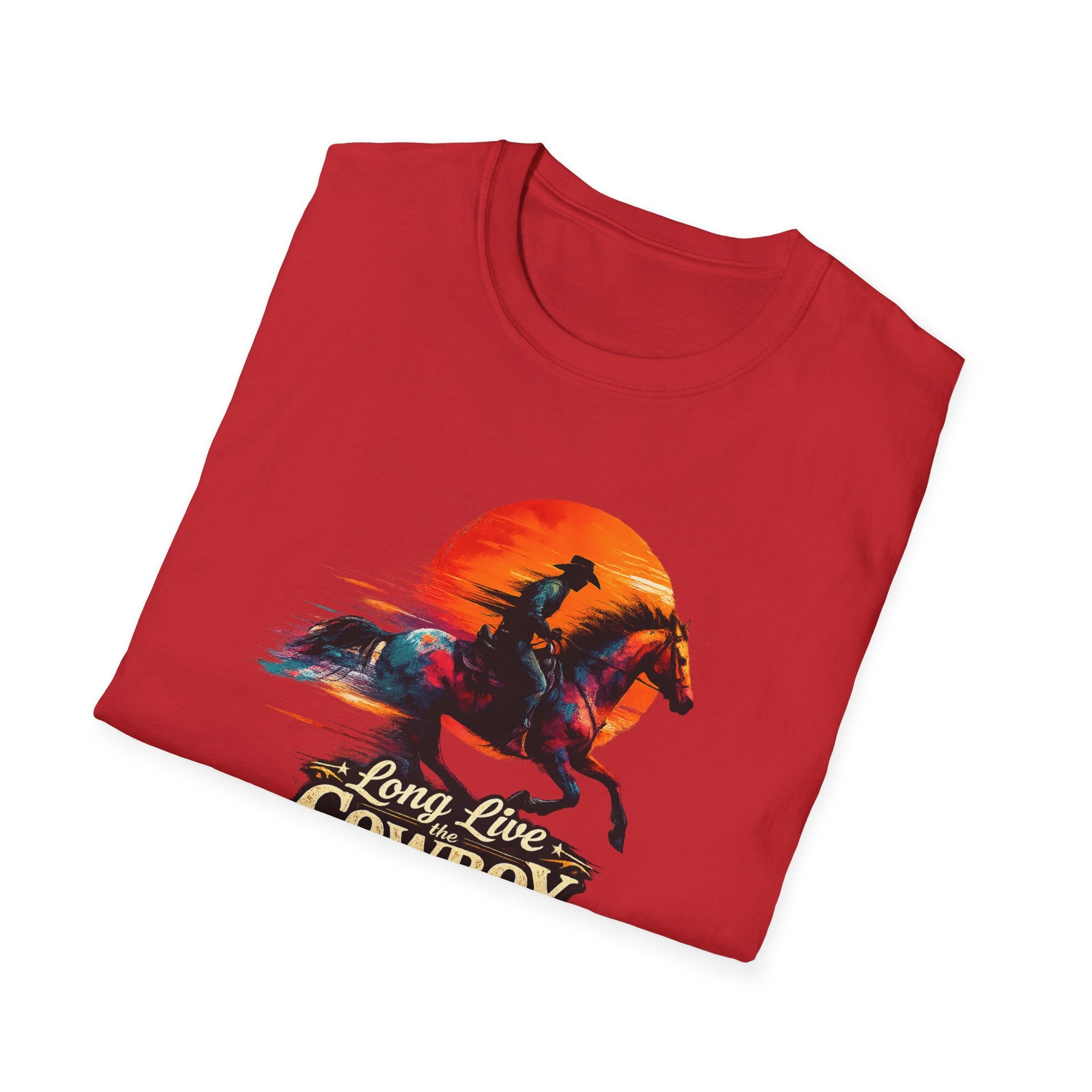 Long Live the Cowboy Western horse t-shirt for men in red featuring a horseback rider silhouette and sunset design.