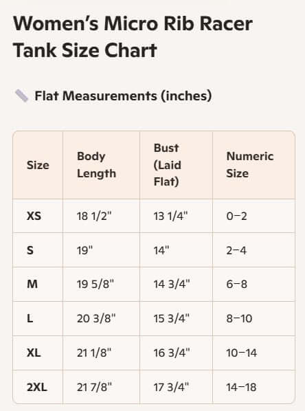 Women Racer Tank size chart showing flat measurements for XS to 2XL.