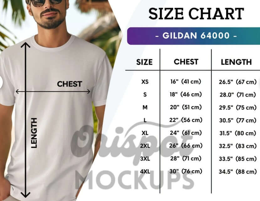 Size chart for Gildan 64000 showing measurements for Red Angus T-Shirt in various sizes.