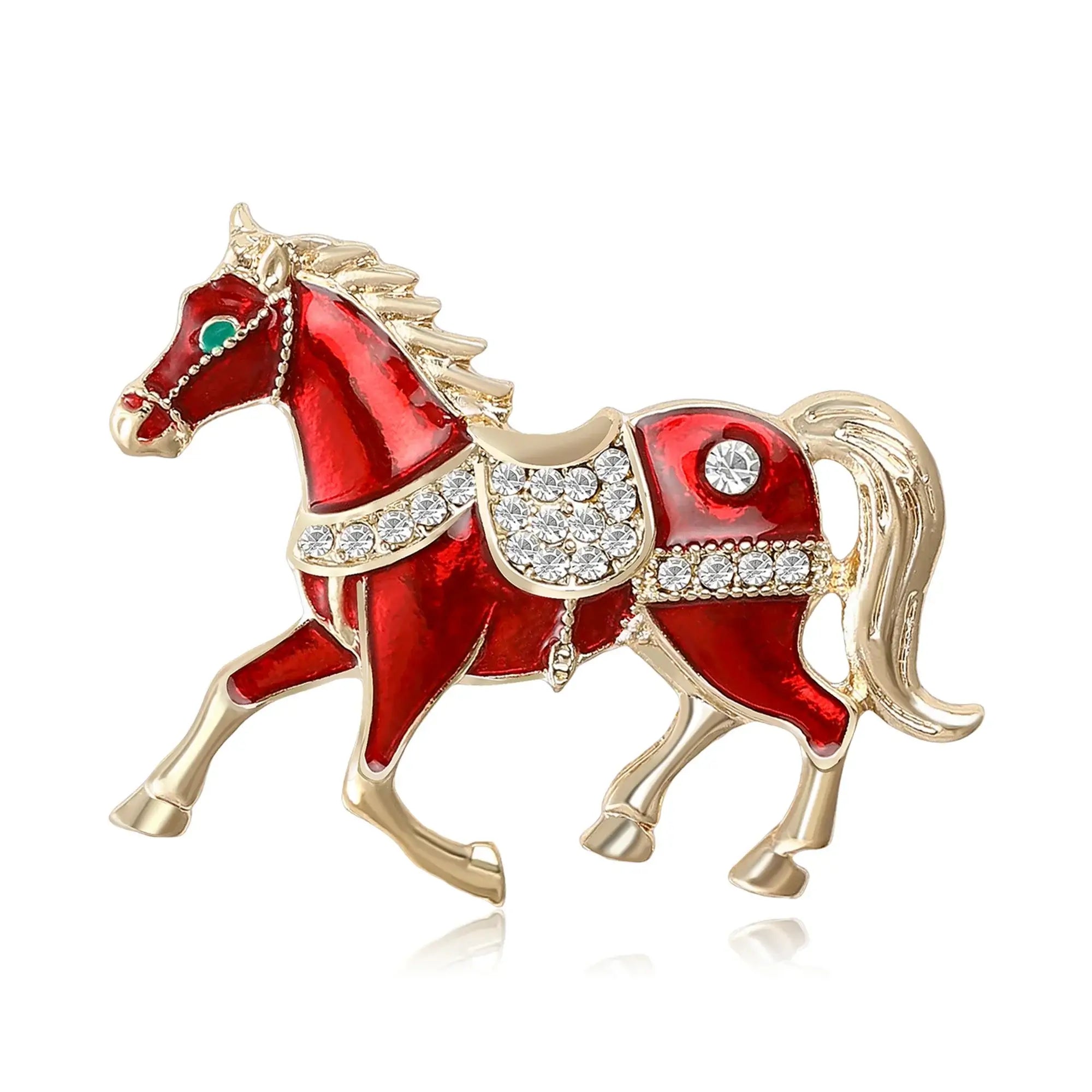 Cowgirl Gift Ideas, stunning red rhinestone horse brooch, perfect for jackets or sweaters, eye-catching accessory for cowgirls.