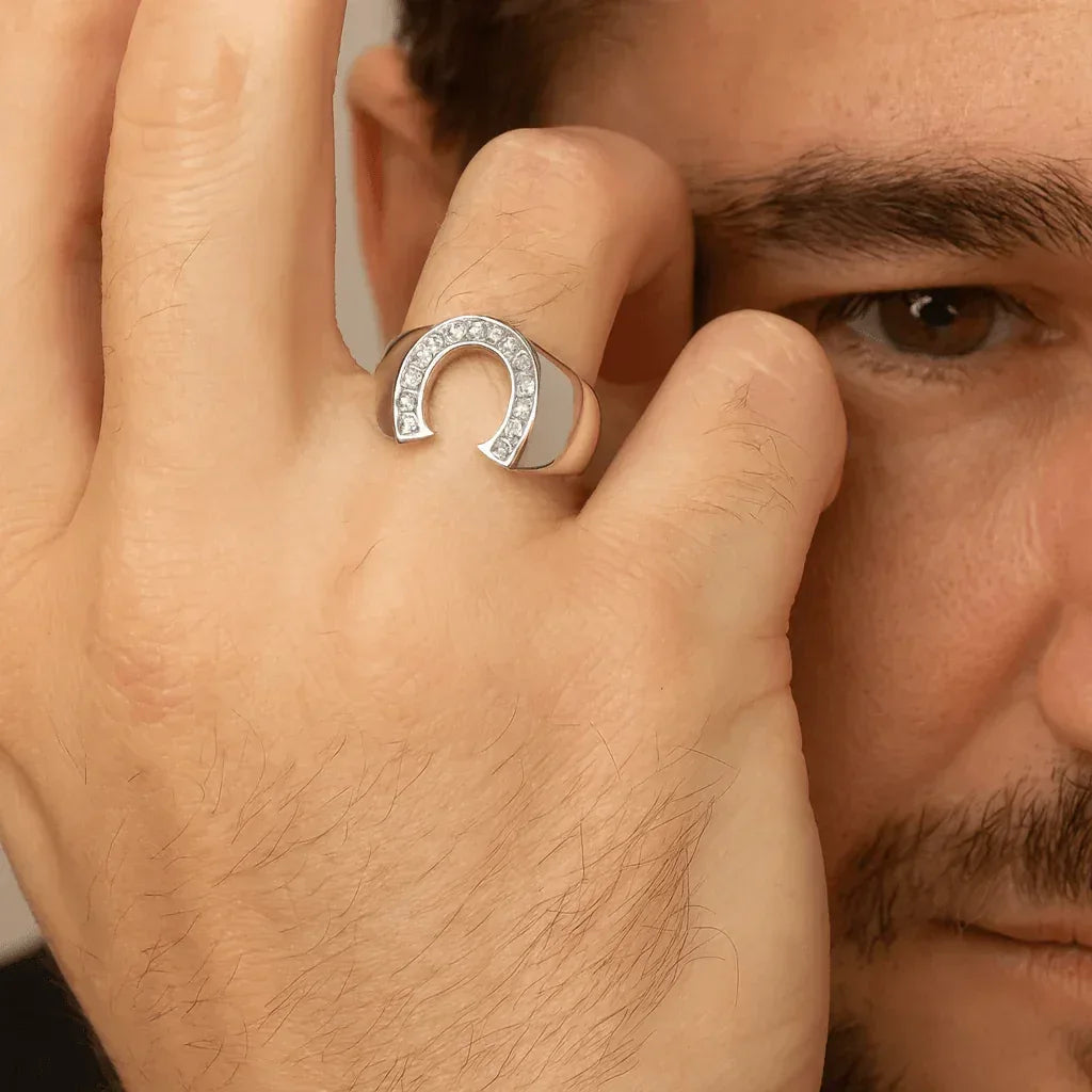 Western Horseshoe Mens Ring - .925 Sterling Silver Cubic Zirconia