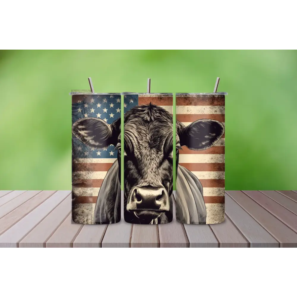 Angus Cow American Flag Skinny Tumbler 20oz - Patriotic Celebrations Farmer Gift Rancher Gift - Matte / Black / 20oz
