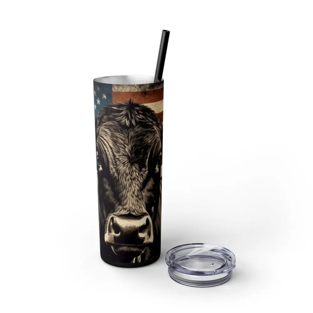 Angus Cow American Flag Skinny Tumbler 20oz - Patriotic Celebrations Farmer Gift Rancher Gift - Matte / Black / 20oz