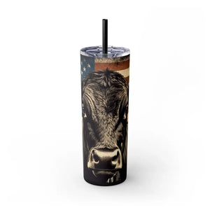 Angus Cow American Flag Skinny Tumbler 20oz - Patriotic Celebrations Farmer Gift Rancher Gift - Matte / Black / 20oz
