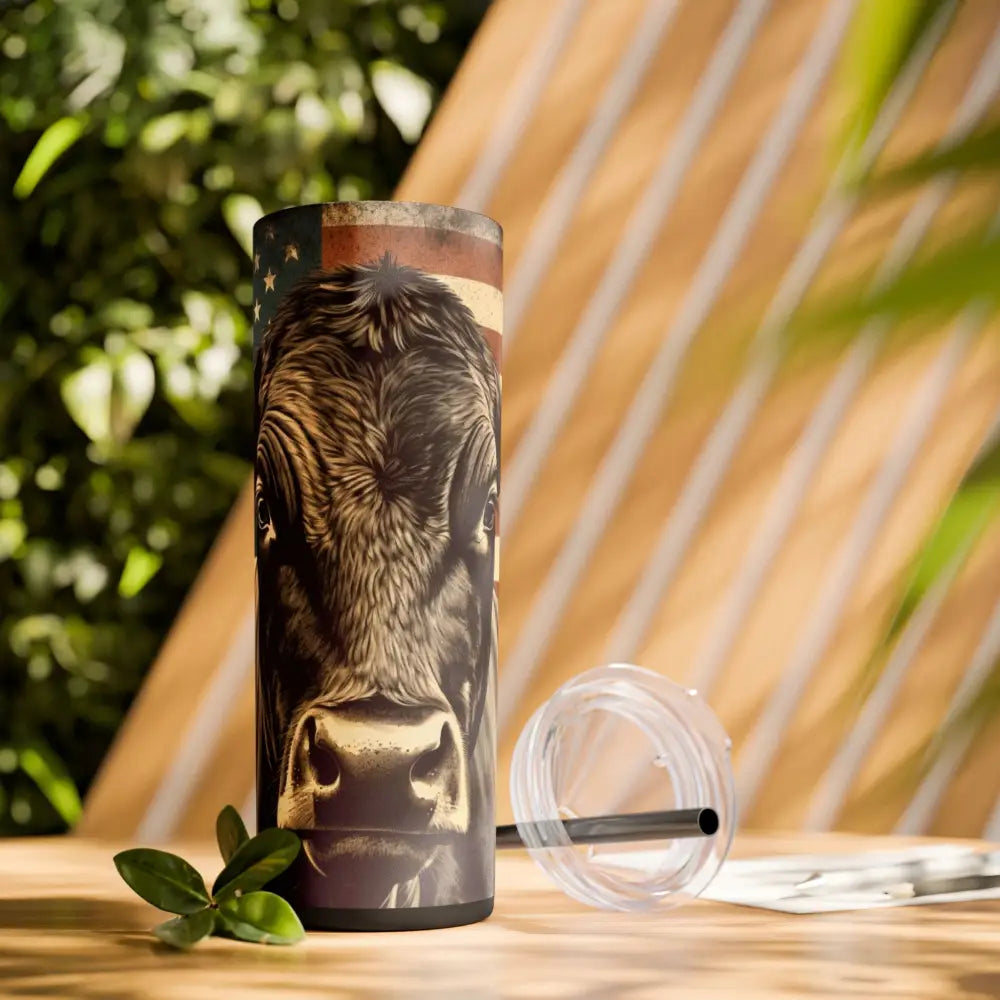 Angus Cow American Flag Skinny Tumbler 20oz - Patriotic Celebrations Farmer Gift Rancher Gift - Matte / Black / 20oz