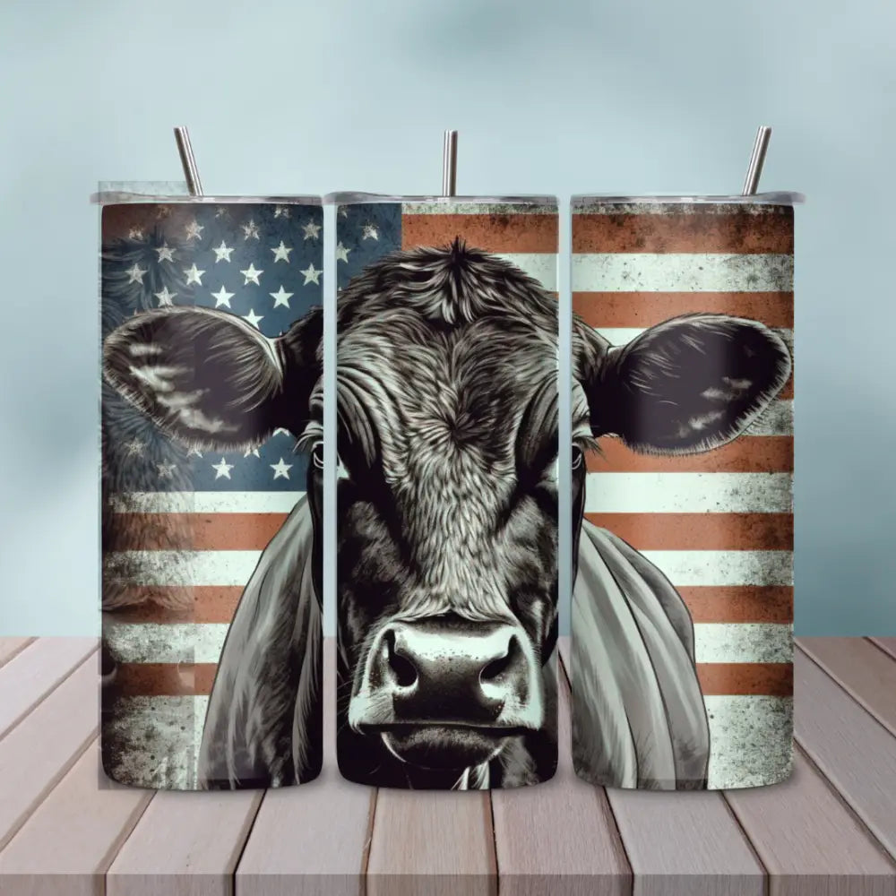Angus Cow American Flag Skinny Tumbler 20oz - Patriotic Celebrations Farmer Gift Rancher Gift - Matte / Black / 20oz