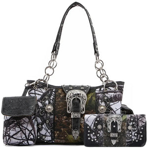 Camouflage Buckle Women Purse with Matching Wallet Set Western Handbags - Black - Bags
