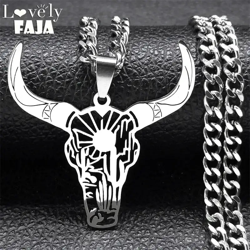 Cow Skull Animal Cowboy Stainless Steel Necklace Bull Head Pendant Western Jewelry - Jewelry