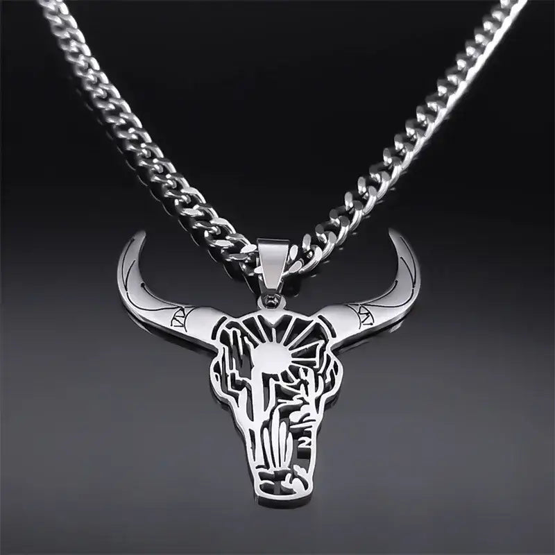 Cow Skull Animal Cowboy Stainless Steel Necklace Bull Head Pendant Western Jewelry - Jewelry
