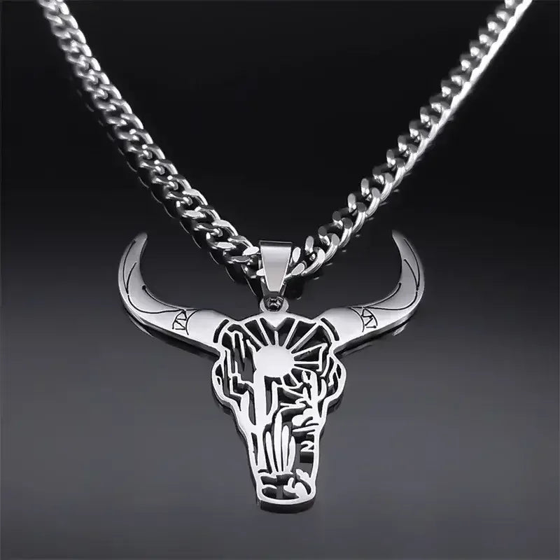 Cow Skull Animal Cowboy Stainless Steel Necklace, Bull Head Pendant - The Best New Thing
