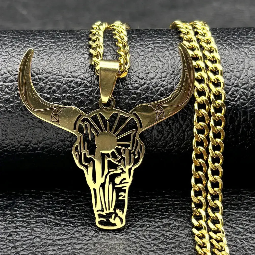 Cow Skull Animal Cowboy Stainless Steel Necklace Bull Head Pendant Western Jewelry - A 50cm CS GD - Jewelry