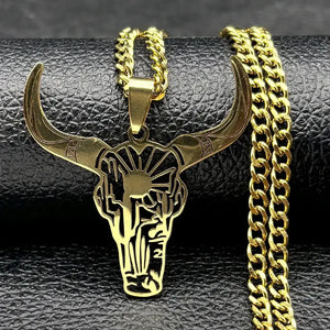 Cow Skull Animal Cowboy Stainless Steel Necklace Bull Head Pendant Western Jewelry - A 50cm CS GD - Jewelry