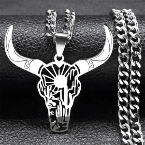 Cow Skull Animal Cowboy Stainless Steel Necklace Bull Head Pendant Western Jewelry - A 50cm CS SR - Jewelry