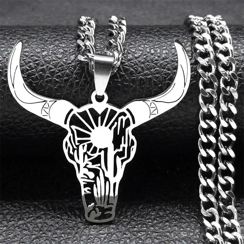 Cow Skull Animal Cowboy Stainless Steel Necklace Bull Head Pendant Western Jewelry - A 50cm CS SR - Jewelry
