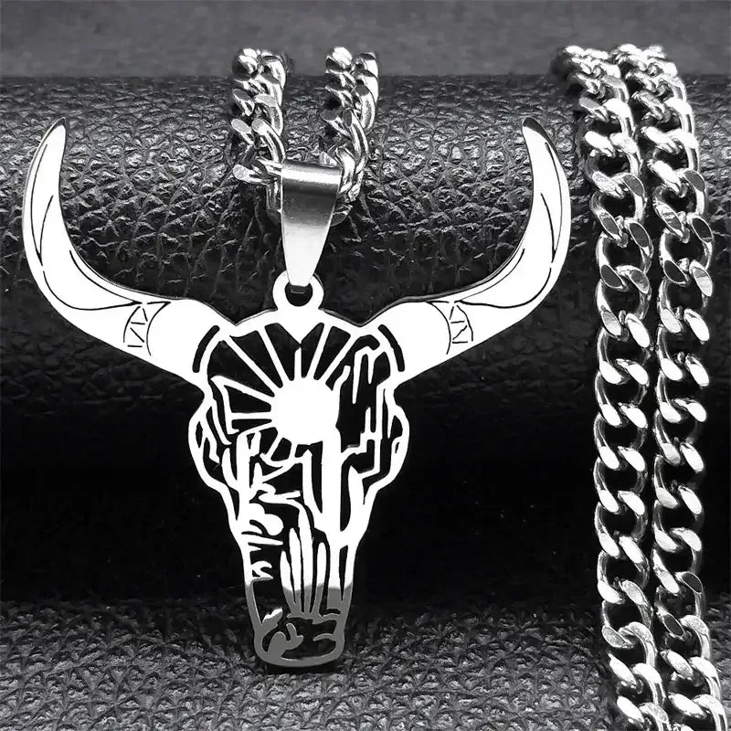 Cow Skull Animal Cowboy Stainless Steel Necklace, Bull Head Pendant - The Best New Thing