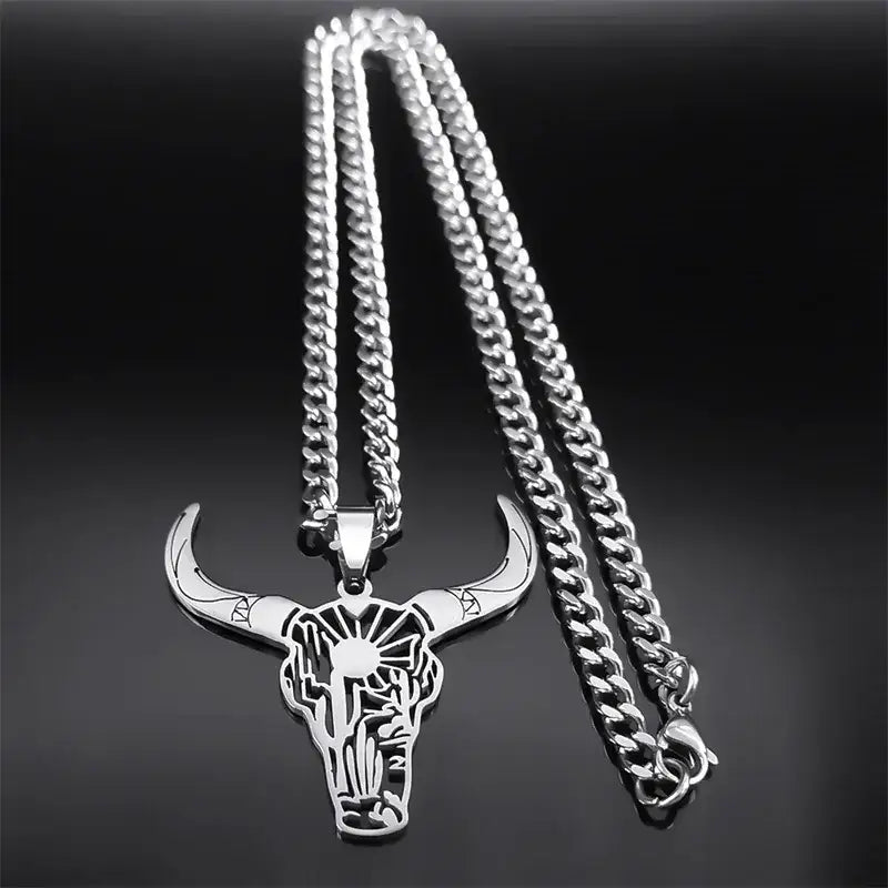 Cow Skull Animal Cowboy Stainless Steel Necklace Bull Head Pendant Western Jewelry - Jewelry