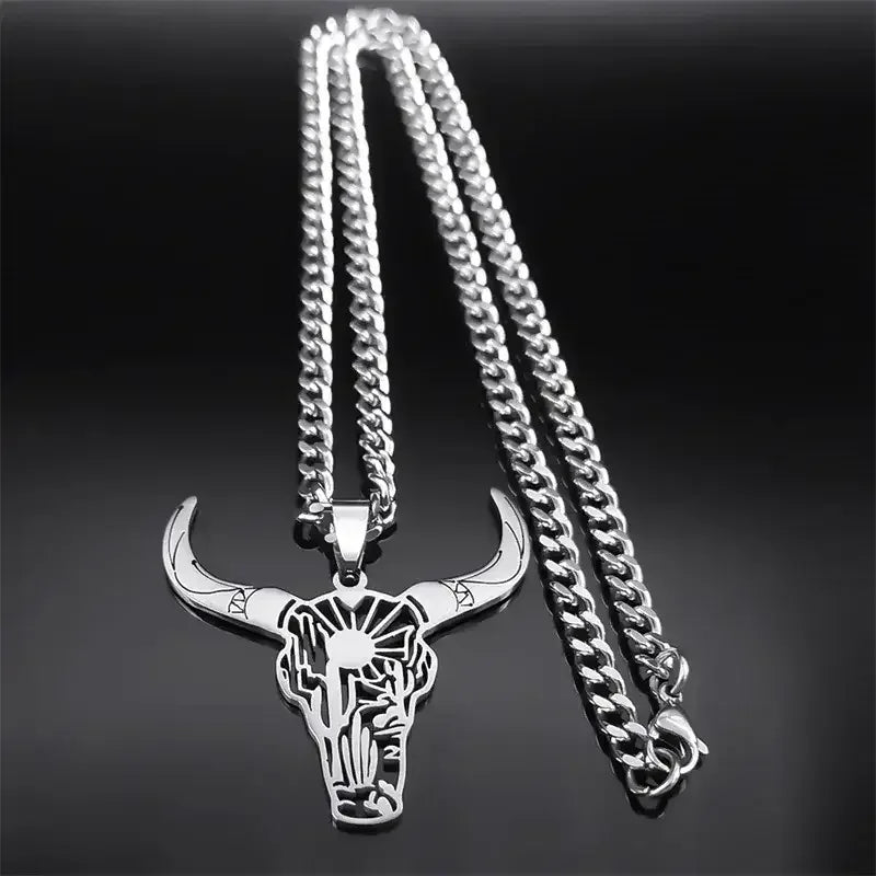 Cow Skull Animal Cowboy Stainless Steel Necklace, Bull Head Pendant - The Best New Thing