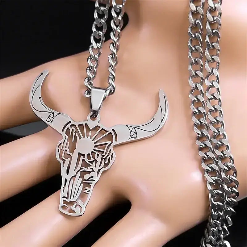 Cow Skull Animal Cowboy Stainless Steel Necklace Bull Head Pendant Western Jewelry - Jewelry