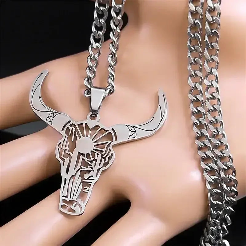 Cow Skull Animal Cowboy Stainless Steel Necklace, Bull Head Pendant - The Best New Thing