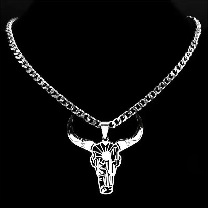 Cow Skull Animal Cowboy Stainless Steel Necklace Bull Head Pendant Western Jewelry - Jewelry