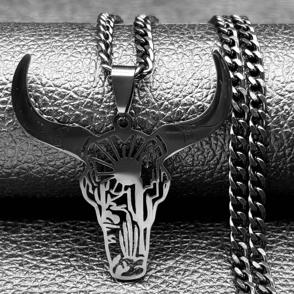 Cow Skull Animal Cowboy Stainless Steel Necklace Bull Head Pendant Western Jewelry - A 50cm CS BK - Jewelry