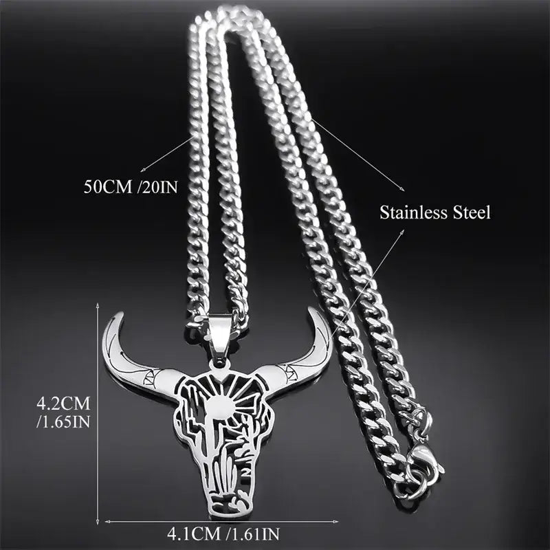 Cow Skull Animal Cowboy Stainless Steel Necklace Bull Head Pendant Western Jewelry - Jewelry