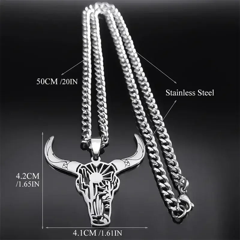Cow Skull Animal Cowboy Stainless Steel Necklace, Bull Head Pendant - The Best New Thing