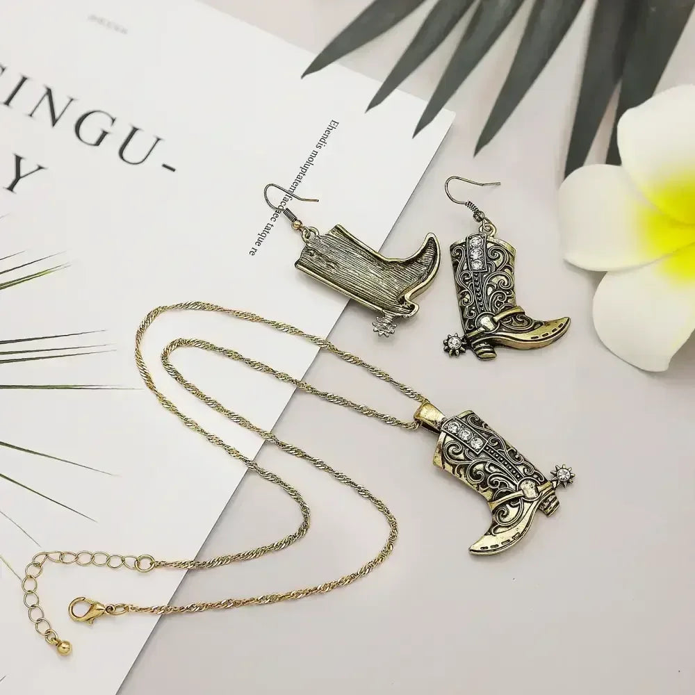 Cowgirl Boot Pendant Earrings Necklace Set, Rodeo Cowboy boots with Spurs, Western Fashion Jewelry - The Best New Thing