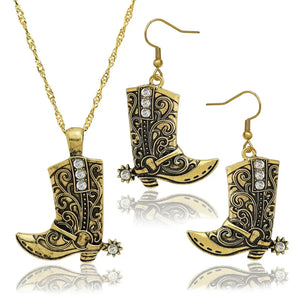 Cowgirl Boot Pendant Earrings Necklace Set Rodeo Cowboy boots with Spurs Western Fashion Jewelry - Vintage Gold