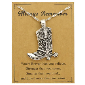 Cowgirl Boot Pendant Earrings Necklace Set Rodeo Cowboy boots with Spurs Western Fashion Jewelry - Silver necklace