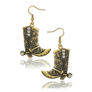 Cowgirl Boot Pendant Earrings Necklace Set Rodeo Cowboy boots with Spurs Western Fashion Jewelry - Gold Earring