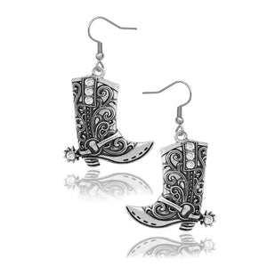 Cowgirl Boot Pendant Earrings Necklace Set Rodeo Cowboy boots with Spurs Western Fashion Jewelry - Silver Earring