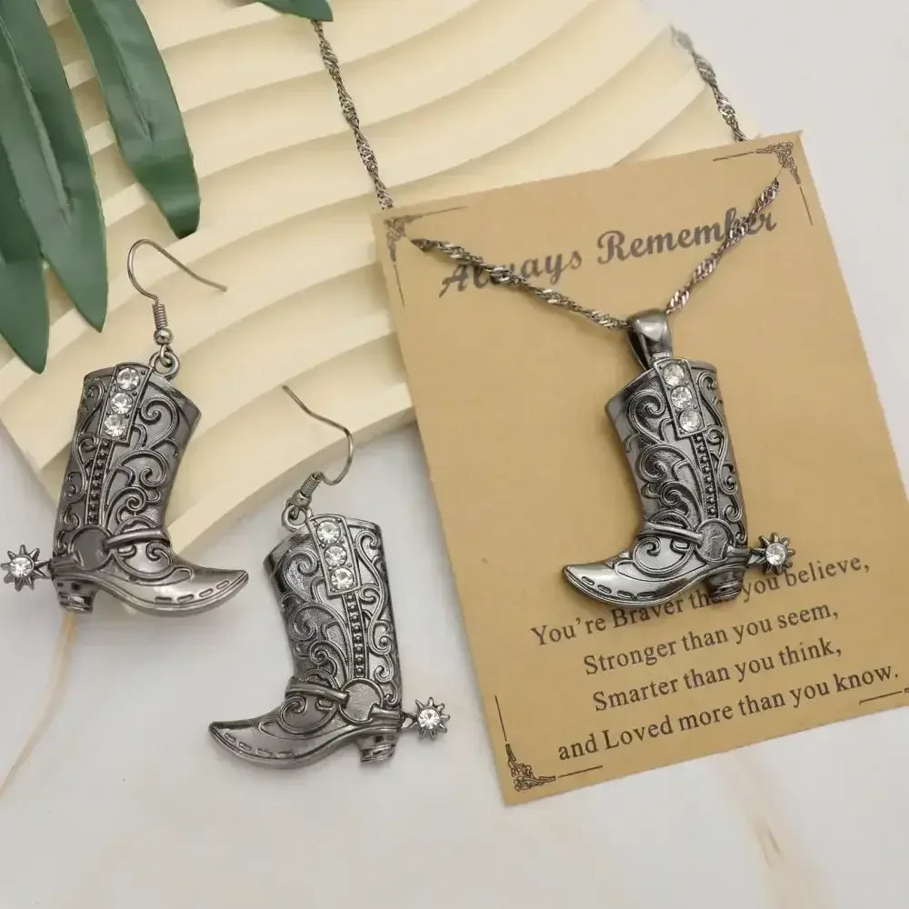 Cowgirl Boot Pendant Earrings Necklace Set, Rodeo Cowboy boots with Spurs, Western Fashion Jewelry - The Best New Thing