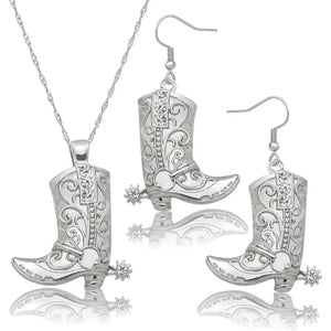 Cowgirl Boot Pendant Earrings Necklace Set Rodeo Cowboy boots with Spurs Western Fashion Jewelry - Silver set - Jewelry