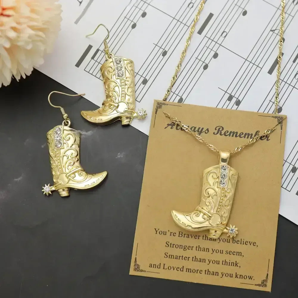 Cowgirl Boot Pendant Earrings Necklace Set Rodeo Cowboy boots with Spurs Western Fashion Jewelry - Jewelry