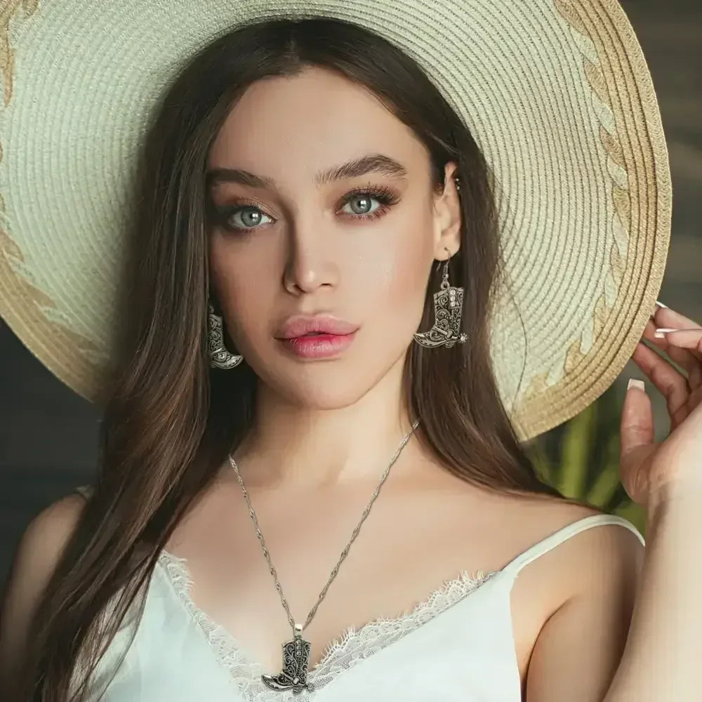 Cowgirl Boot Pendant Earrings Necklace Set, Rodeo Cowboy boots with Spurs, Western Fashion Jewelry - The Best New Thing