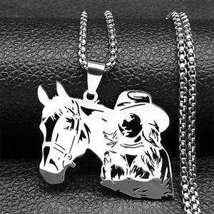 Cowgirl Horse Necklace Stainless Steel Hollow Pendant Jewelry with Chain | Gold Silver Black - 60cm BOX SR - Jewelry