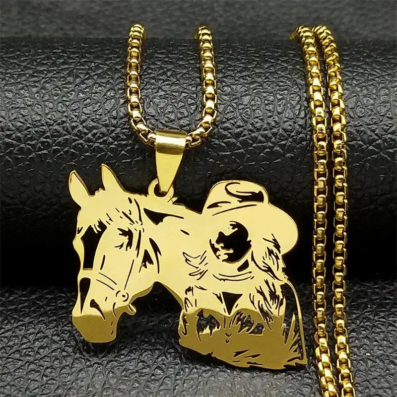 Cowgirl Horse Necklace Stainless Steel Hollow Pendant Jewelry with Chain | Gold Silver Black - 60cm BOX GD - Jewelry