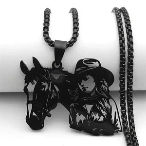 Cowgirl Horse Necklace Stainless Steel Hollow Pendant Jewelry with Chain | Gold Silver Black - 60cm BOX BK - Jewelry